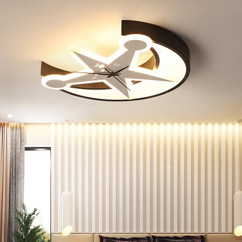 Modern Black Acrylic Clock Flush Ceiling Light With Moon & Star Led For Dining Room