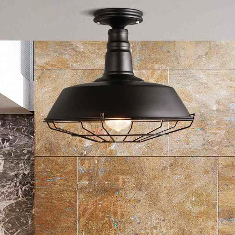 Barn Semi Flush Industrial Black Metal Cage Light Fixture - 10’/14’ Wide