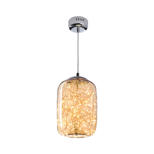 Contemporary Led Pendant Light With Elegant Amber/Smoke Grey Glass Globe/Cylinder/Oval Design For