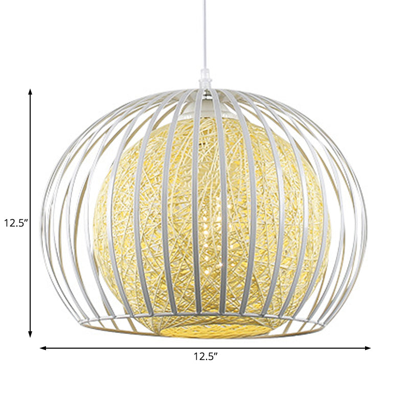 Globe Beige Cotton Shade Pendant Light Kit With Wire Cage - Modern Suspension For Dining Room 1