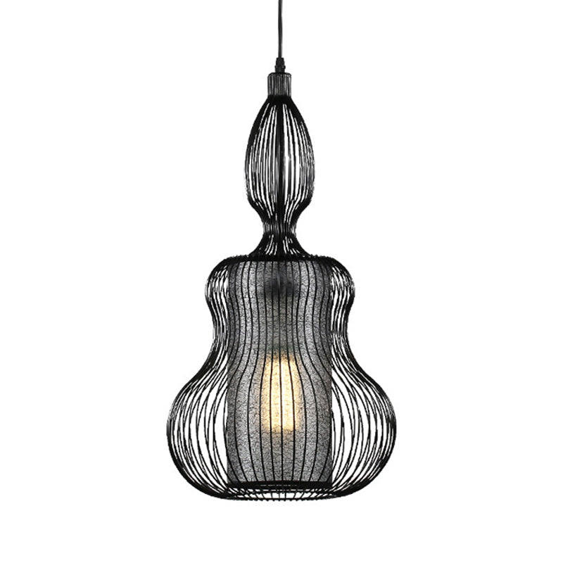 Gourd Cage Pendant Light - Simple Elegant Metal Hanging With Cylinder Shade Inside Black