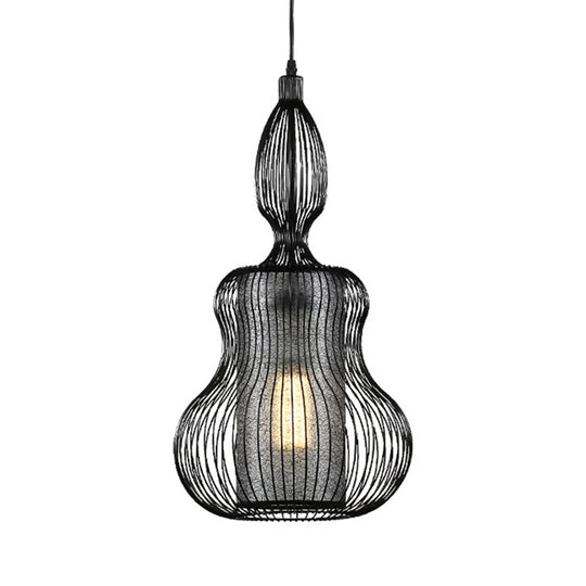 Gourd Cage Pendant Light - Simple Elegant Metal Hanging With Cylinder Shade Inside Black