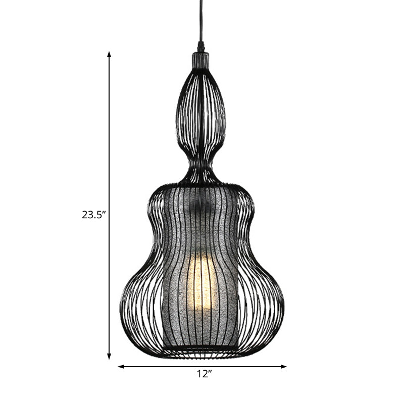 Gourd Cage Pendant Light - Simple Style Metal Black Hanging With Cylinder Shade