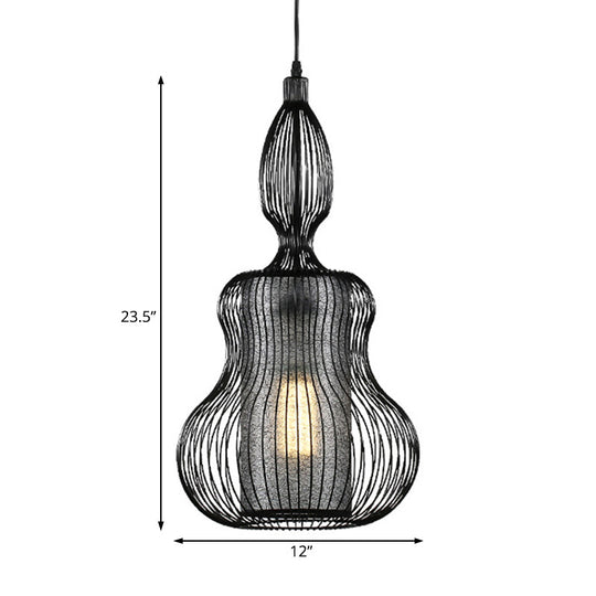 Gourd Cage Pendant Light - Simple Style Metal Black Hanging With Cylinder Shade