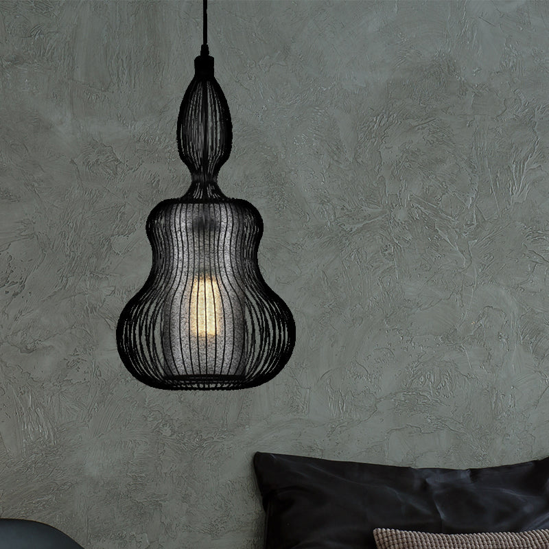 Gourd Cage Pendant Light - Simple Elegant Metal Hanging With Cylinder Shade Inside Black