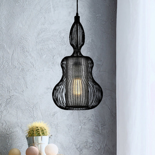 Gourd Cage Pendant Light - Simple Style Metal Black Hanging With Cylinder Shade
