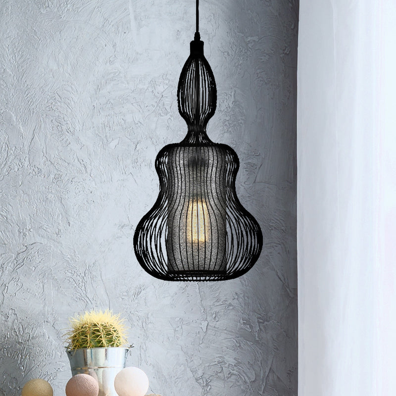 Gourd Cage Pendant Light - Simple Elegant Metal Hanging With Cylinder Shade Inside Black