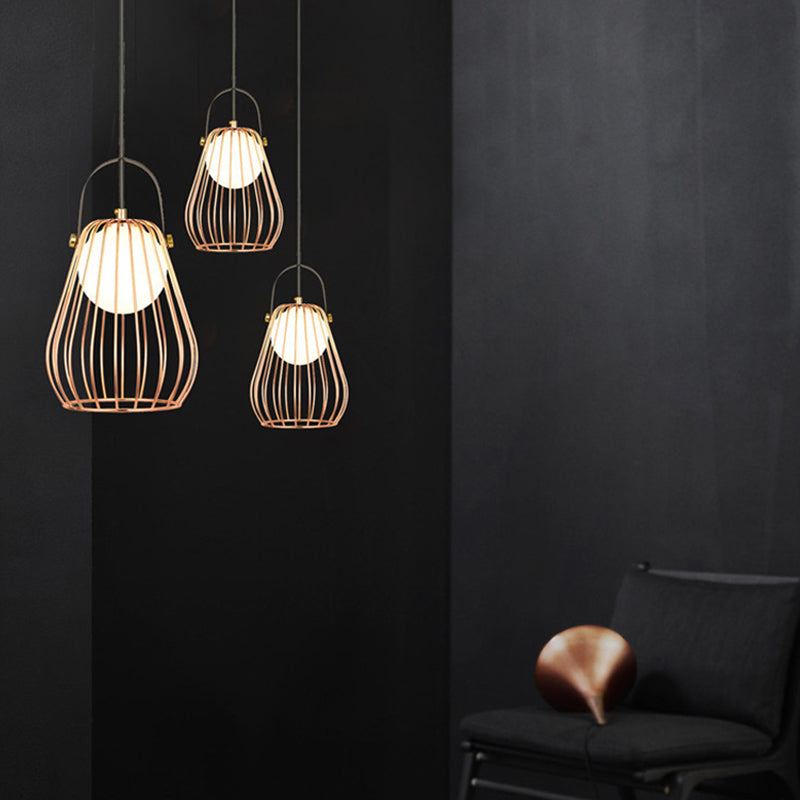 Gourd Cage Pendant Light Kit - Minimalist Metal Hanging Ceiling (1 Light) In Black/White/Rose Gold