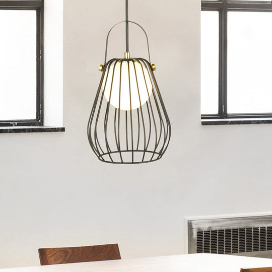 Gourd Cage Pendant Light Kit - Minimalist Metal Hanging Ceiling Black