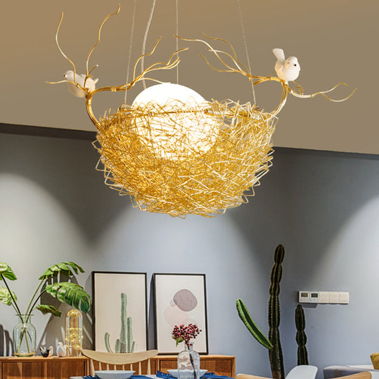 Art Deco Gold Nest Pendant Light With 2 Birds - Metal Hanging Ceiling For Restaurants