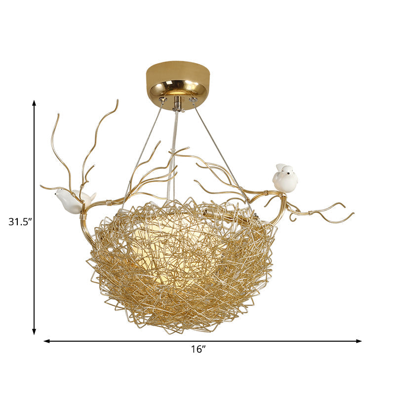 Art Deco Gold Nest Pendant Light With 2 Birds - Metal Hanging Ceiling For Restaurants