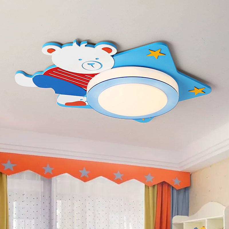 Boys Cartoon Bear Wood Animal Blue Led Ceiling Light