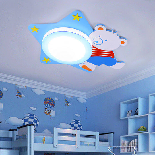 Boys’ Cartoon Bear Wood Animal Blue Led Ceiling Light