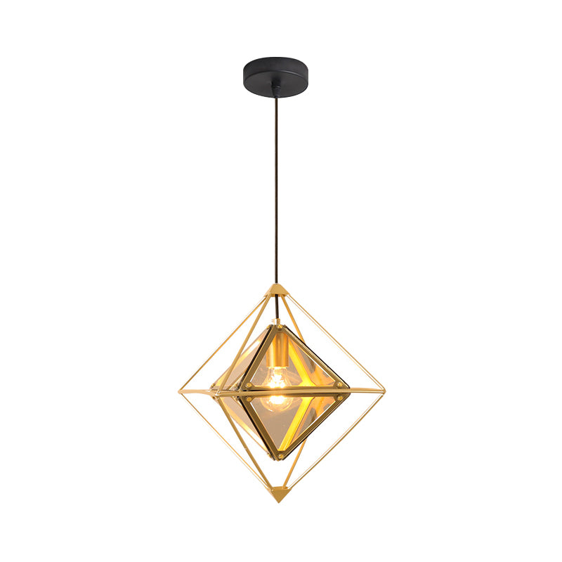 Contemporary 1-Light Pendant With Amber/Smoke Gray Glass Shade - Polygon Ceiling Lamp Black/Gold