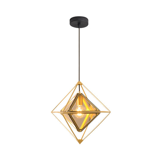 Polygon Ceiling Lamp With Amber/Smoke Glass Shade - Modern Pendant Light Black/Gold Frame