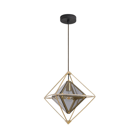 Contemporary 1-Light Pendant With Amber/Smoke Gray Glass Shade - Polygon Ceiling Lamp Black/Gold