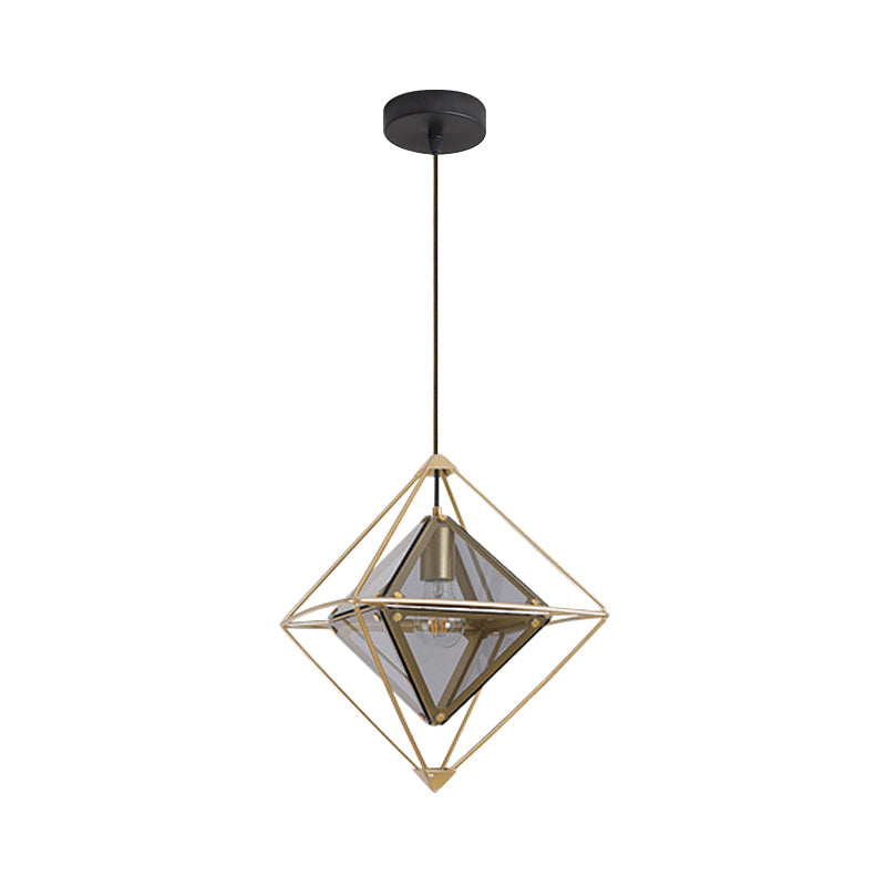 Polygon Ceiling Lamp With Amber/Smoke Glass Shade - Modern Pendant Light Black/Gold Frame