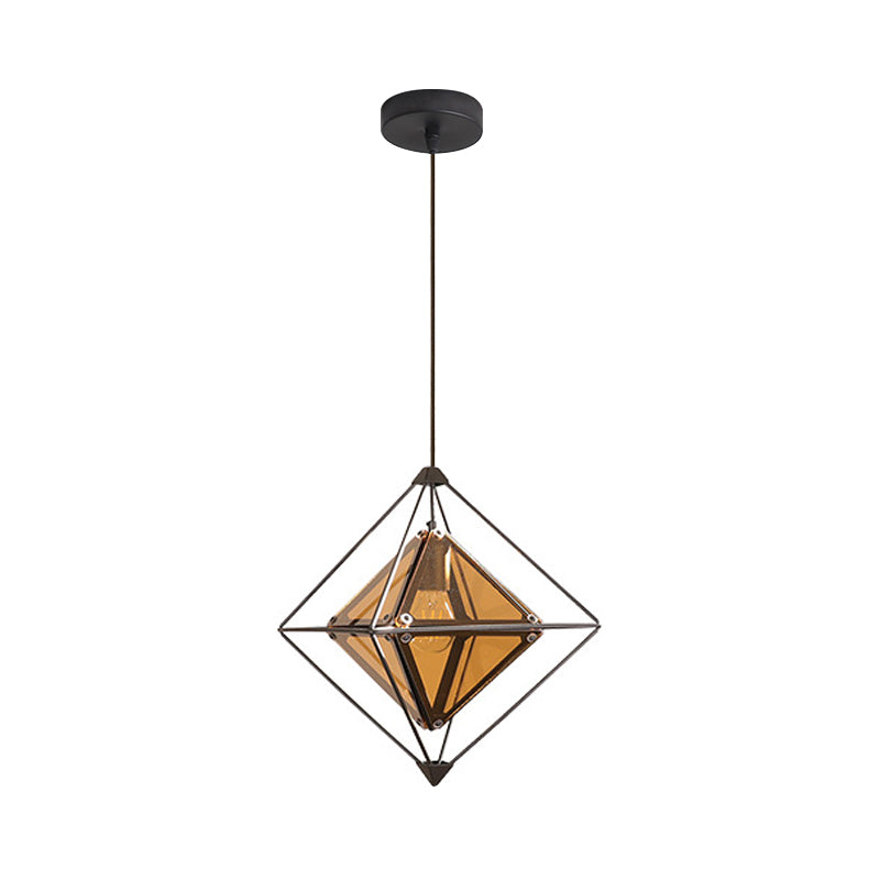 Polygon Ceiling Lamp With Amber/Smoke Glass Shade - Modern Pendant Light Black/Gold Frame