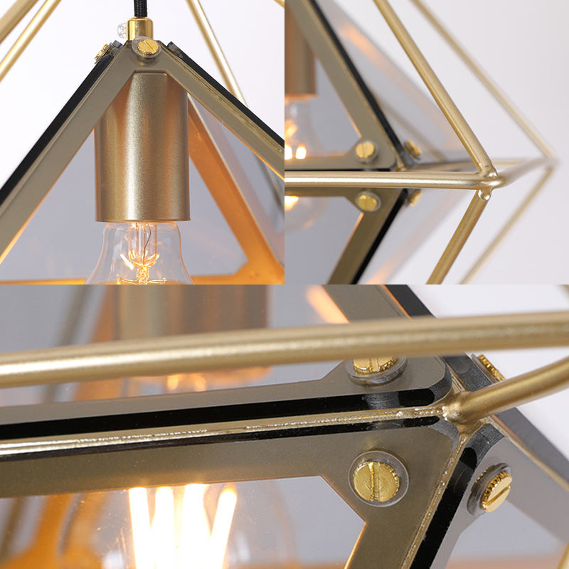Contemporary 1-Light Pendant With Amber/Smoke Gray Glass Shade - Polygon Ceiling Lamp Black/Gold