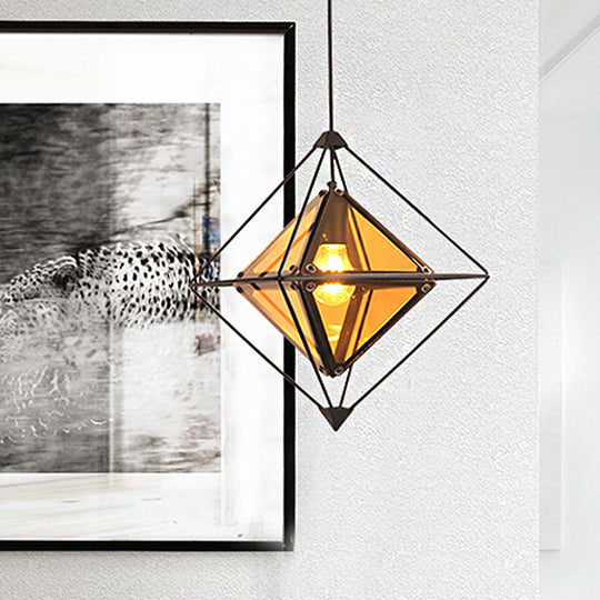 Contemporary 1-Light Pendant With Amber/Smoke Gray Glass Shade - Polygon Ceiling Lamp Black/Gold