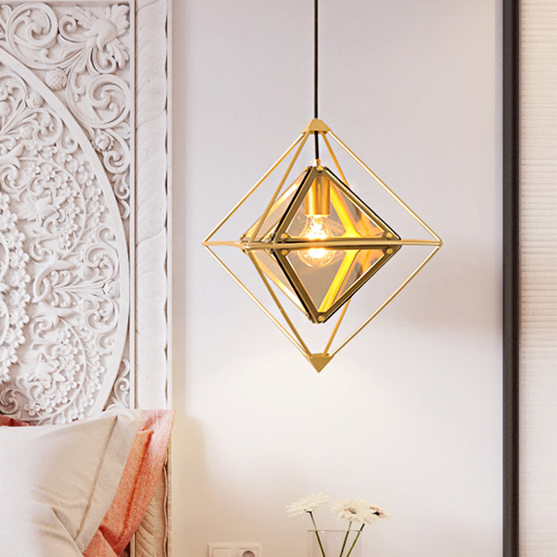 Polygon Ceiling Lamp With Amber/Smoke Glass Shade - Modern Pendant Light Black/Gold Frame Gold /