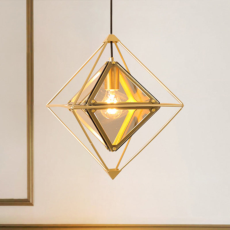 Contemporary 1-Light Pendant With Amber/Smoke Gray Glass Shade - Polygon Ceiling Lamp Black/Gold