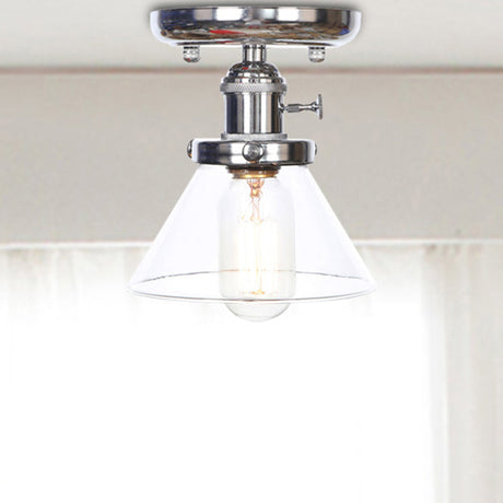 Industrial Chrome Ceiling Light - Semi Flush Mount With Clear/Amber Glass Bulb Clear / Cone