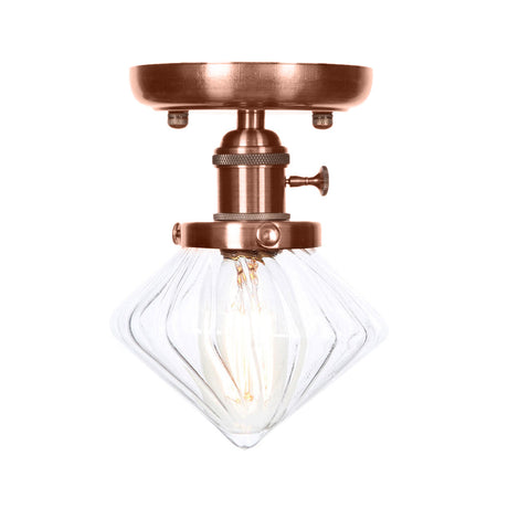 Industrial Weathered Copper Semi Flush Light With Clear/Amber Glass - 1 Cone/Bell Fixture
