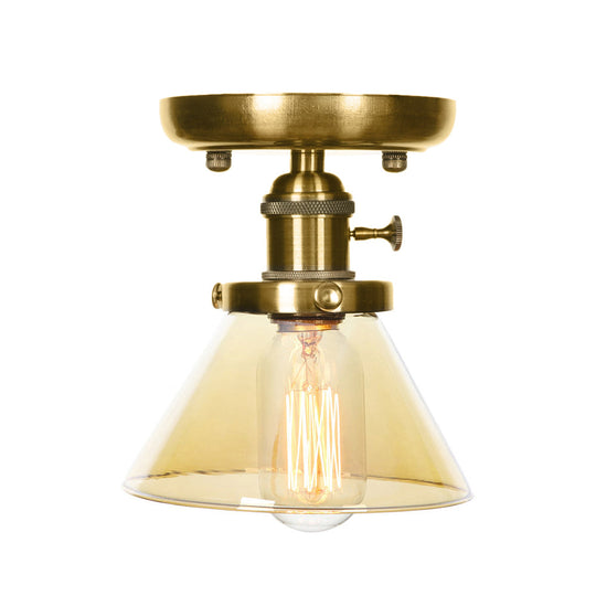 1-Light Clear/Amber Glass Ceiling Lighting - Industrial Brass Cone/Rhombus/Bell Semi Flush Mount