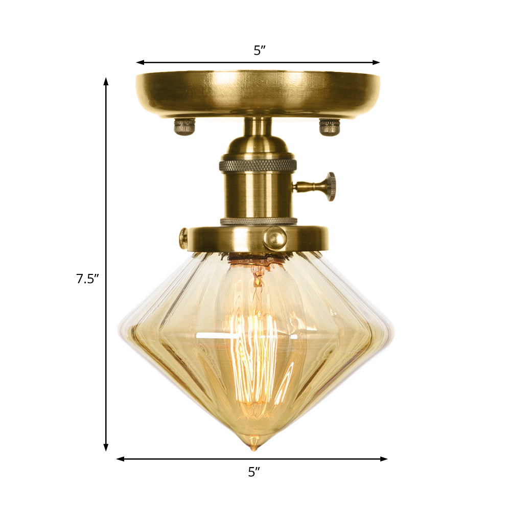 1-Light Clear/Amber Glass Ceiling Lighting - Industrial Brass Cone/Rhombus/Bell Semi Flush Mount