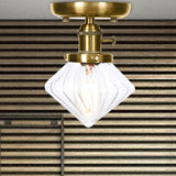 1-Light Clear/Amber Glass Ceiling Lighting - Industrial Brass Cone/Rhombus/Bell Semi Flush Mount For
