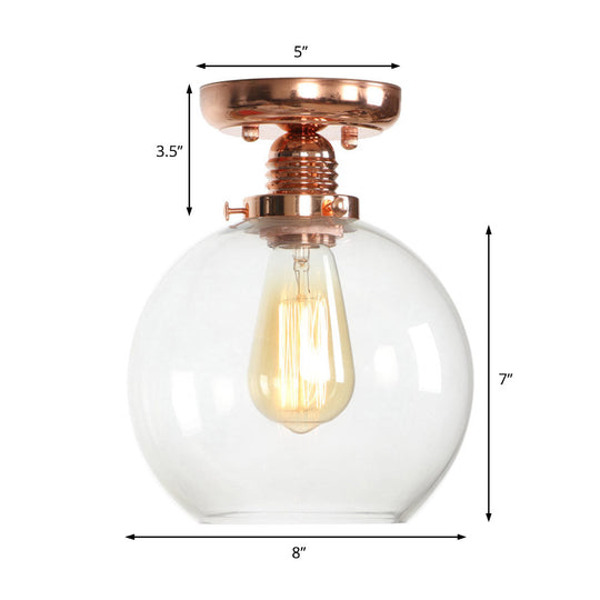 Copper Ceiling Semi Flush Light With Clear Glass Globe Shade - Industrial Style