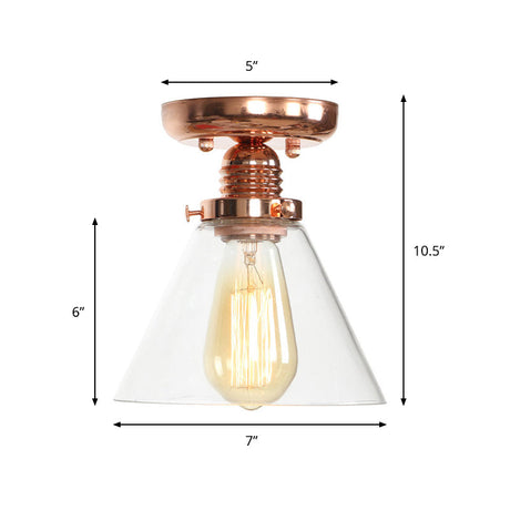 Copper Semi Flush Ceiling Fixture: Clear Glass Cone/Barrel/Bell Shade For Industrial Living Room