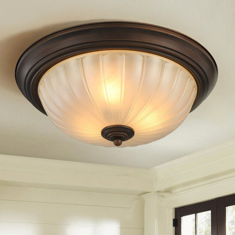 Traditional Dome Shaped Frosted Ribbed Glass Flushmount Ceiling Light - Set Of 3 Bulbs For Bedroom