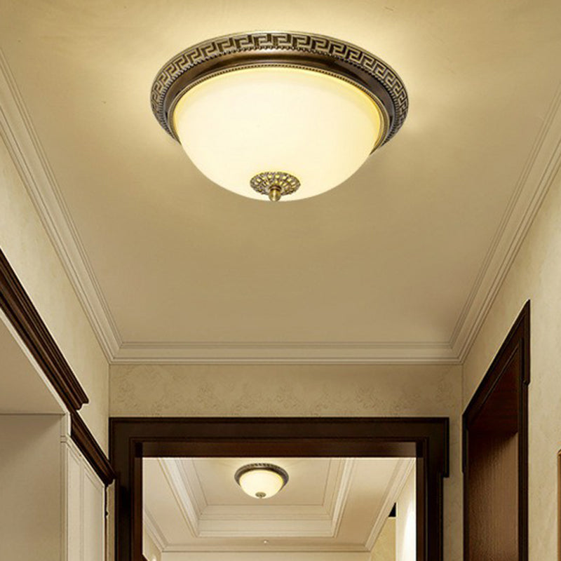 Rustic Cream Glass & Brown Led Flush Ceiling Light Fixture For Living Room Bowl Shade Design / Small