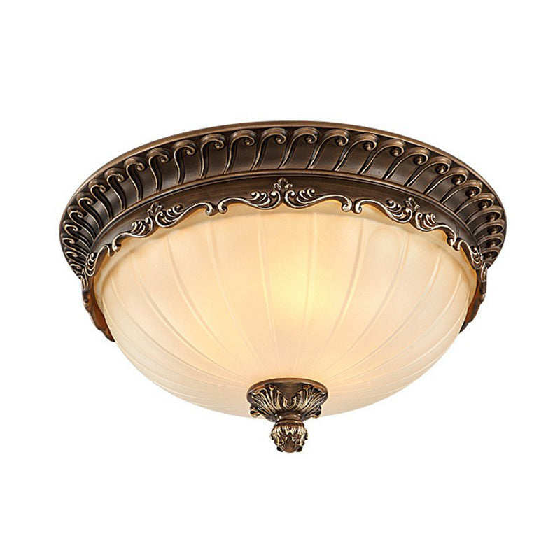 Classic Brown Ribbed Glass Dome Flush Mount Lighting Fixture - 3 Heads Ideal For Bedroom
