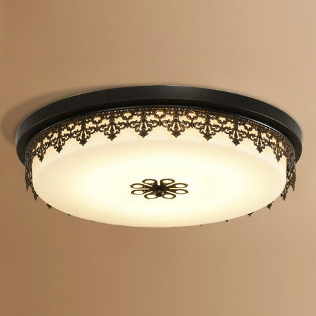 Vintage Opal Glass Drum Led Flush Ceiling Light For Bedroom Black Floral Decor