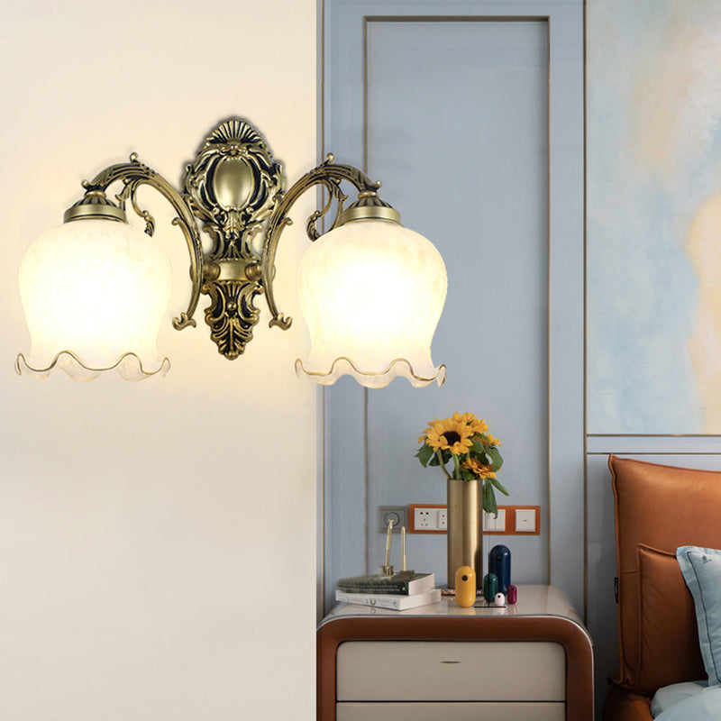 Classic Flower Wall Mount Light With Frost Glass And Ruffle Trim For Corridor 2 / Bronze