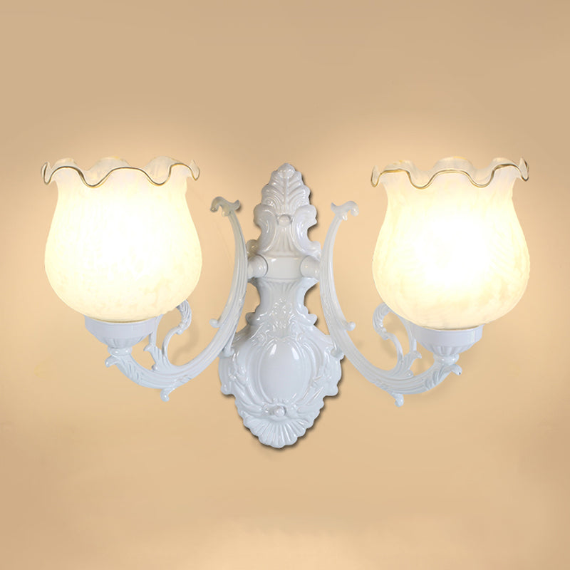 Classic Flower Wall Mount Light With Frost Glass And Ruffle Trim For Corridor 2 / White