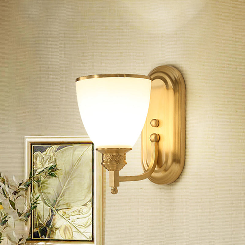 Vintage Gold Wall Light Fixture With Opal Frost Glass Lamp - Single-Bulb Mounted