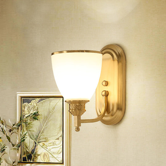 Vintage Gold Wall Light Fixture With Opal Frost Glass Lamp - Single-Bulb Mounted