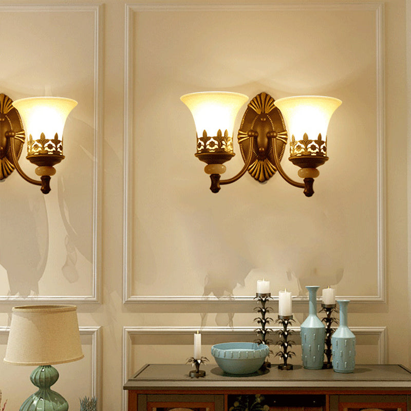 Retro Beige Glass Wall Light With Flared Shade And Filigree In Dark Brown For Living Rooms 2 /