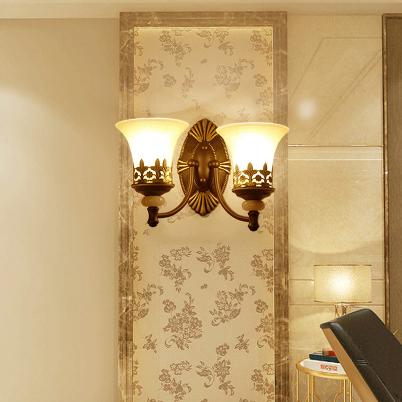 Retro Beige Glass Wall Light With Flared Shade And Filigree In Dark Brown For Living Rooms