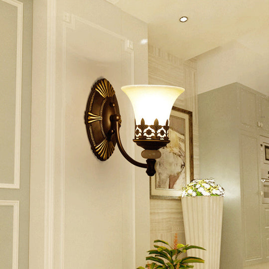 Retro Beige Glass Wall Light With Flared Shade And Filigree In Dark Brown For Living Rooms 1 /