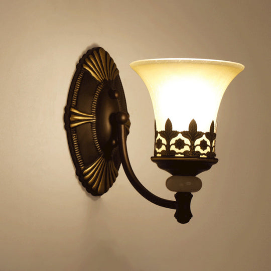 Retro Beige Glass Wall Light With Flared Shade And Filigree In Dark Brown For Living Rooms