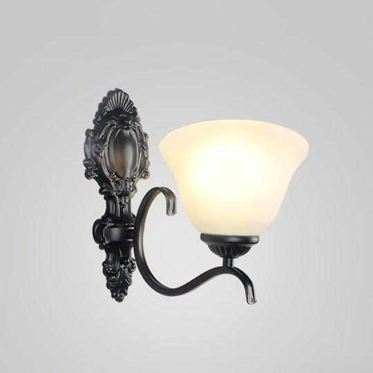 Traditional Black Wall Mount Light With Cream Glass Flared Shape Fixture For Living Room