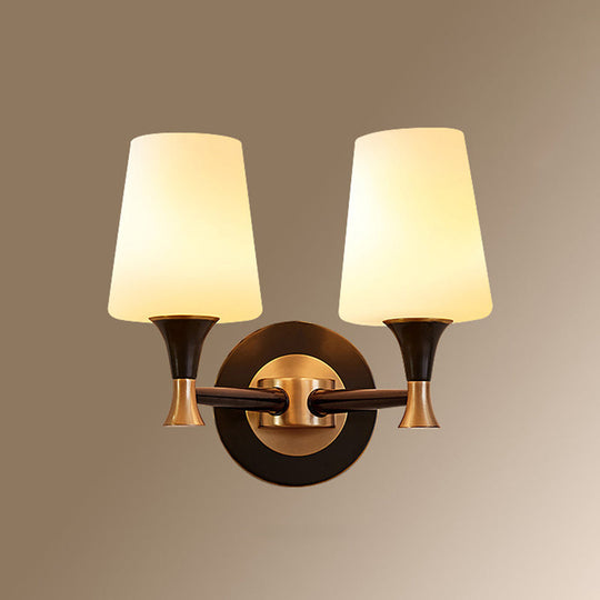 Traditional Brass Wall Mount Light With Tapered Cream Glass Shade - Corridor Fixture