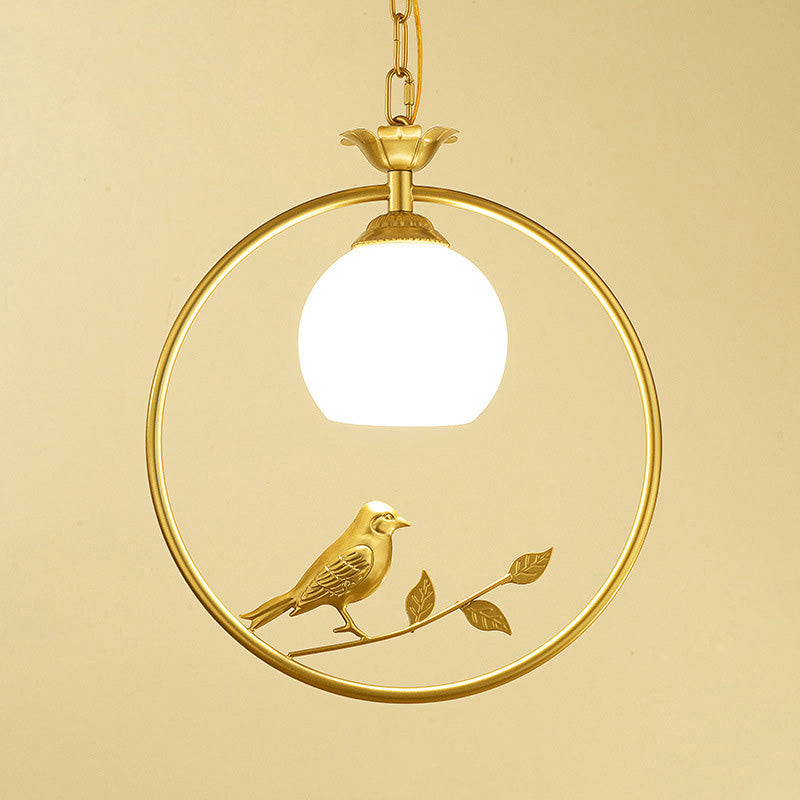 Cottage Bird Suspension Light With Opal Glass Shade