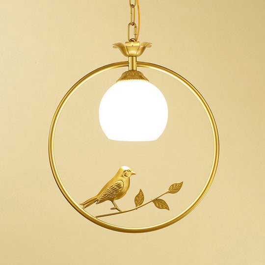 Cottage Bird Suspension Light With Opal Glass Shade
