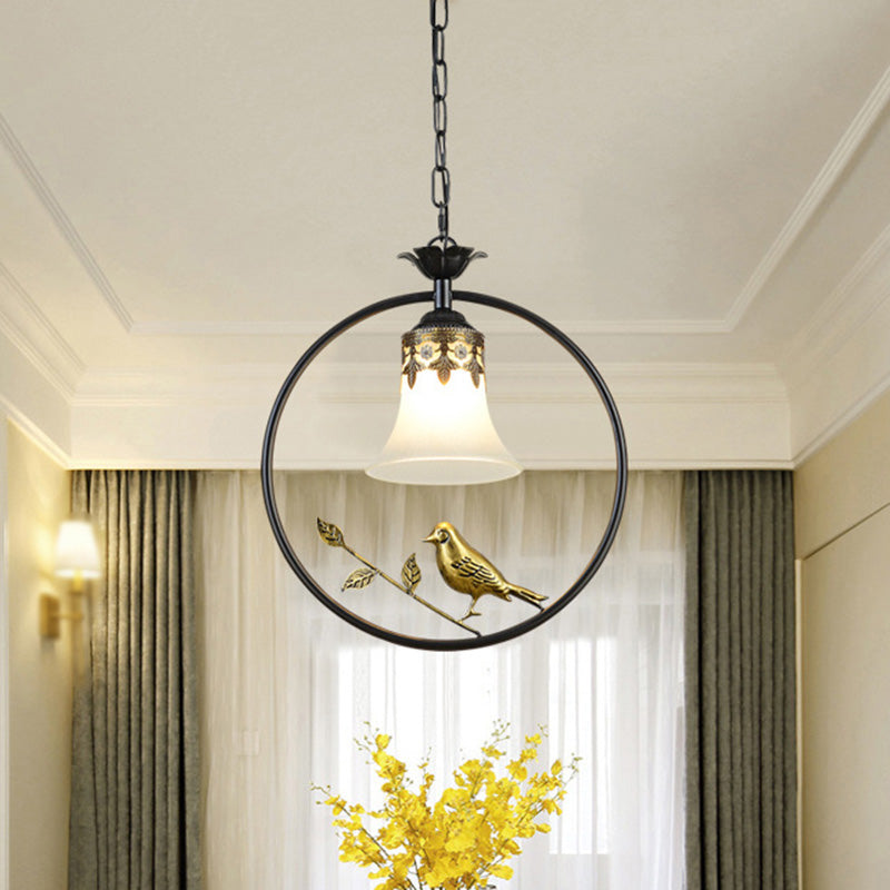 Cottage Bird Suspension Light With Opal Glass Shade Black-Gold
